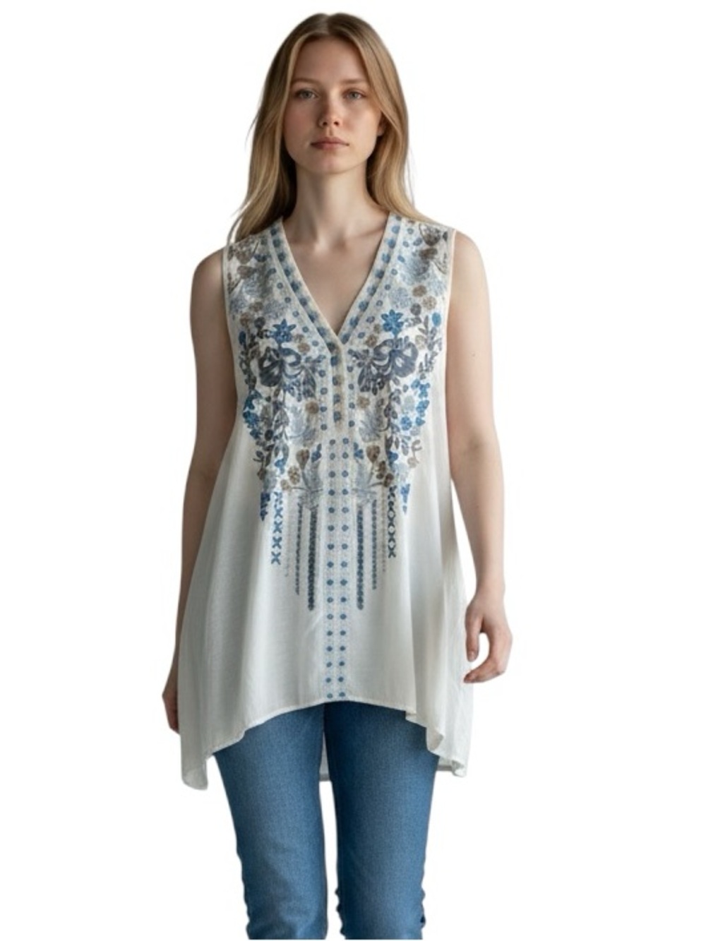 Andree by Unit Boho Embroidered Sleeveless Blouse Ivory Blue Size Small
